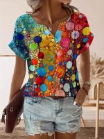 Kadın Kısa Kollu V Yakalı Desenli Süprem Bluz - Görsel 2