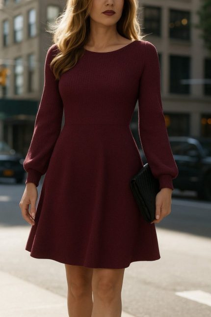 Kadın Uzun Kollu Kayık Yaka Kısa Triko Elbise