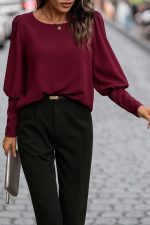 Kadın Uzun Kollu Yuvarlak Yakalı Düğmeli Ithal Krep Bluz - Görsel 3