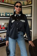 Yaka Ve Cep İnci Taşlı Saten Gömlek 3423 - Görsel 3