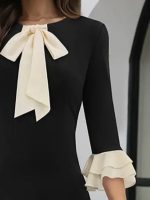 Kadın Truvakar Kollu Fiyonk Yakalı Midi Ithal Krep Elbise - Görsel 2