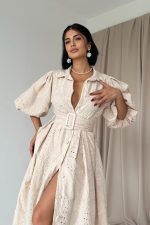 Bej Pileli Balkon Elbise - Görsel 3