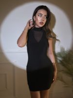 Kadın Balıkçı Yaka Tül Detay Kolsuz Mini Elbise - Görsel 3