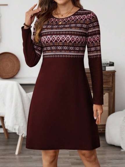 Kadın Uzun Kollu Bisiklet Yaka Etnik Desenli Kısa şardonlu Dalgıç Elbise