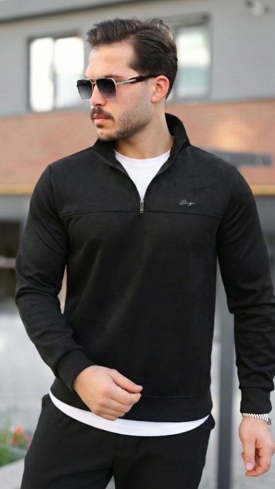 88169bba4f227442107c7f9702377de4 Erkek Süet Yarım Fermuar Dik Yaka Sweat - Görsel 1