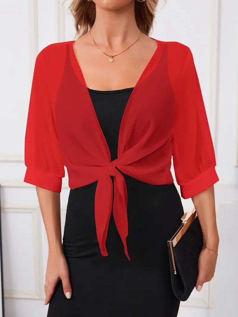 92af2f3d1dacc7fbb84a Kadın Truvakar Kollu önden Bağlamalı Kısa şifon Bolero Ceket - Görsel 1