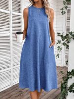 Kadın Kolsuz Bisiklet Yaka Cepli Midi Keten Elbise - Görsel 3