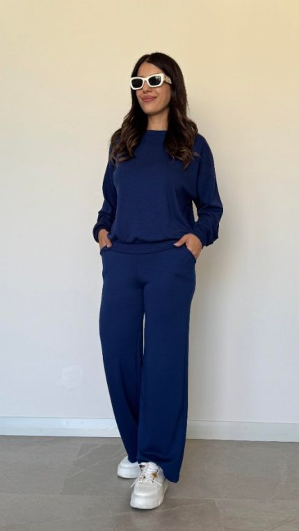 Kadın Uzun Kollu Bisiklet Yaka Viskon Iki Iplik Bluz Ve Pantolon Ikili Takım