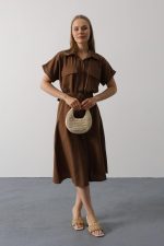 Kuşaklı Cep Detaylı Yarım Kol Elbise - Kahve - Görsel 3