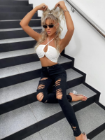 Kadın Yüksek Bel Slim Fit Lazer Kesim Yırtık Pantolon - Görsel 3