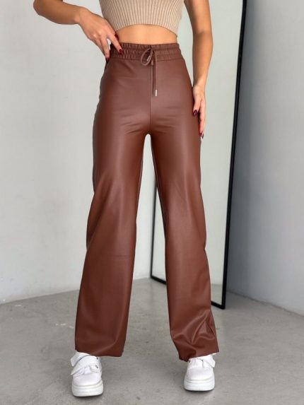 Yüksek Bel Geniş Paça Içi şardonlu Deri Pantolon.