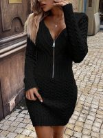 Kadın Uzun Kollu V Yakalı önden Fermuarlı Kısa Triko Elbise - Görsel 3