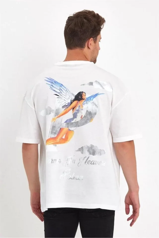 TY65d49cb1d11ce65d49cb1d11d0 Erkek Melek Baskılı Oversize T-shirt - Beyaz - Görsel 1