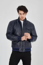 Erkek Fermuarlı İçten Elyaf Ve Astarlı Suni Deri Ceket - Lacivert - Görsel 3