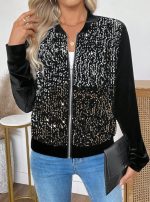 Kadın Uzun Kollu önü Açık Fermuarlı Pulpayetli Kadife Ceket - Görsel 2