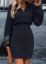 Kadın Uzun Kollu Yakası Fermuarlı Mini Triko Elbise - Görsel 2
