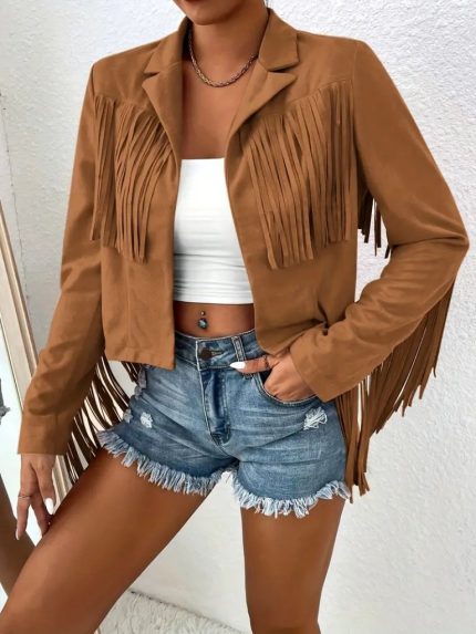 Kadın Uzun Kollu Yakalı Kısa Püsküllü Süet Ceket