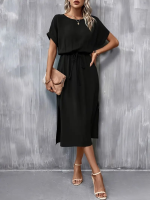 Kadın Kısa Kollu Yakası Açık Belden Bağlamalı Yırtmaçlı Viskon Elbise - Görsel 2