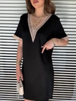 Kadın V Yaka Güpürlü İki İplik Elbise - Görsel 2