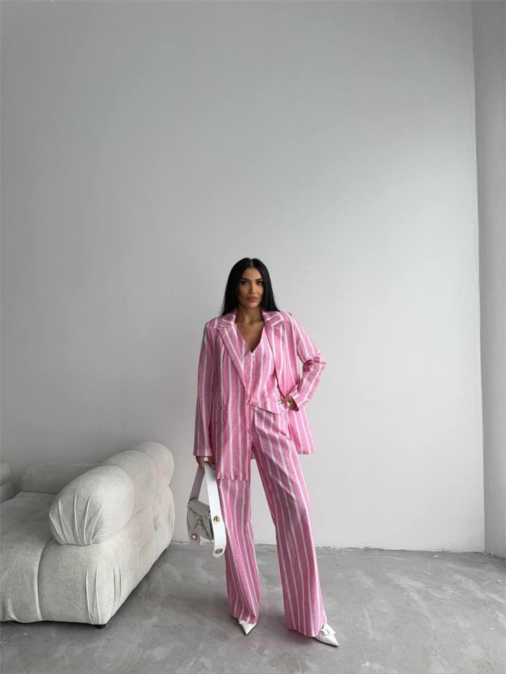 ac8642ef0007a8c3b5b7 ÇİZGİLİ CEKET KETEN - Pembe - Görsel 1