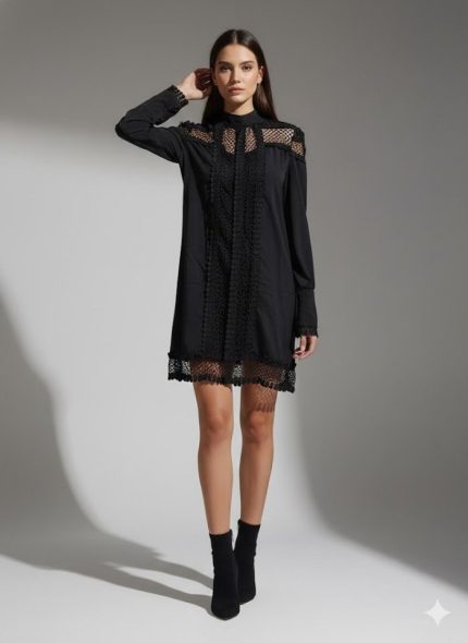 Kadın Uzun Kollu Yarım Balıkçı Yaka Transparan Detaylı Mini Elbise