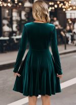 Kadın Uzun Kollu Kruvaze Yakalı Toka Detaylı Mini Kadife Elbise - Görsel 3