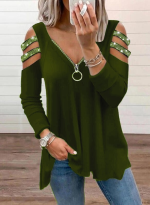 Kadın Haki Kolları Taş Işlemeli Uzun Kol Fermuarlı Viskon Bluz