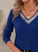 Kadın Uzun Kollu V Payet Yakalı Viskon Bluz - Görsel 3