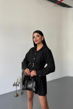 ÖNDEN GOLD DÜĞMELİ PİLELİ KISA ELBİSE - Siyah - Görsel 2