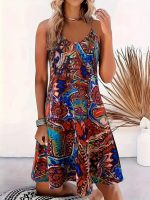 Kadın Ip Askılı V Yakalı Desenli Kısa Süprem Elbise