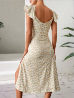 Kadın Kısa Kollu çiçek Desen Yırtmaçlı Süprem Elbise - Görsel 2