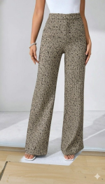 Kadın Yüksek Bel Paçaya Doğru Geniş Dokuma Pantolon - Görsel 2