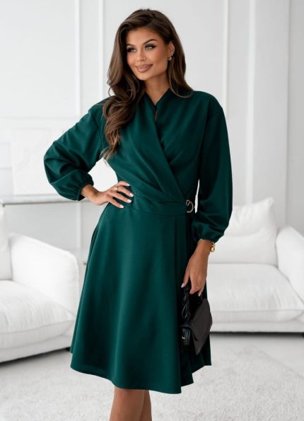 Kadın Uzun Kollu Hakim V Yakalı Yandan Toka Detaylı Ithal Mini Krep Elbise