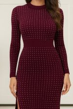 Kadın Uzun Kollu Bisiklet Yaka Taşlı Midi Kadife Elbise - Görsel 2