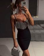 Kadın Omuz Askılı Taş Detay Mini Elbise - Görsel 2