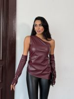 Kadın Tek Omuz Eldiven Detay Deri Bluz