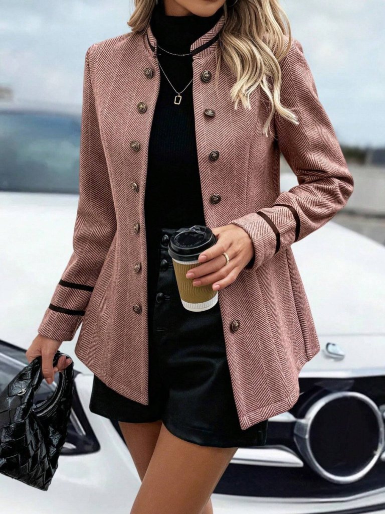 cc49fdabc89b4aa4dfbd Kadın Uzun Kollu Hakim Yaka Düğme Detaylı Mini Dokuma Ceket - Görsel 1