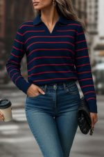 Kadın Uzun Kollu V Yaka çizgili Triko Bluz - Görsel 3