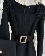 Kadın Etek Ucu Otriş Yakası Inci Detayli Midi Boy Elbise - Görsel 2