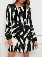 Kadın Uzun Kollu Bisiklet Yaka Desenli Kısa Krep Elbise - Görsel 3