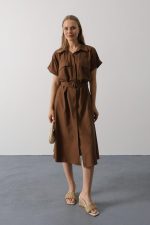 Kuşaklı Cep Detaylı Yarım Kol Elbise - Kahve - Görsel 2