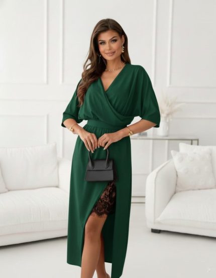 Kadın Uzun Kollu Kruvaze Yakalı Yandan Dantelli Midi Ithal Krep Elbise