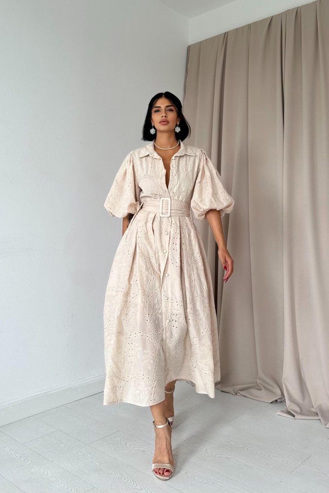 eb3c0d19078d5da93d54 Bej Pileli Balkon Elbise - Görsel 1