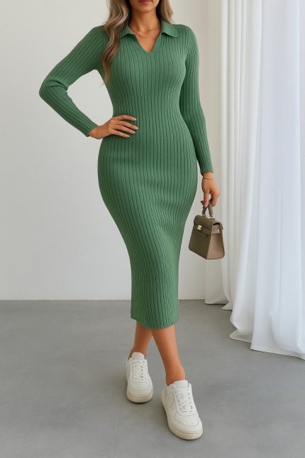 Kadın Uzun Kollu Yakalı Triko Elbise