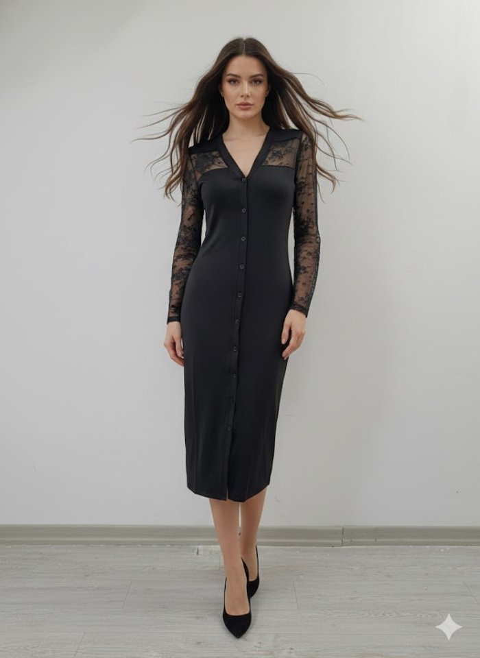 f5ab05f3161072c3226a66d25f5c3400 Kadın Uzun Kollu Transparan Detay Midi Boy Elbise - Görsel 1