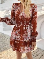 Kadın Uzun Kollu Kruvaze Yakalı çiçek Desenli Mini Süprem Elbise - Görsel 2