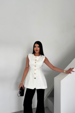 KETEN YELEK BELDEN OTURTMALISIRALI DÜĞME DETAYLI - Beyaz - Görsel 2