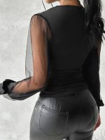 Kadın Uzun Yırtmaç Tül Detaylı Derin V Yakalı Sandy Bluz - Görsel 2