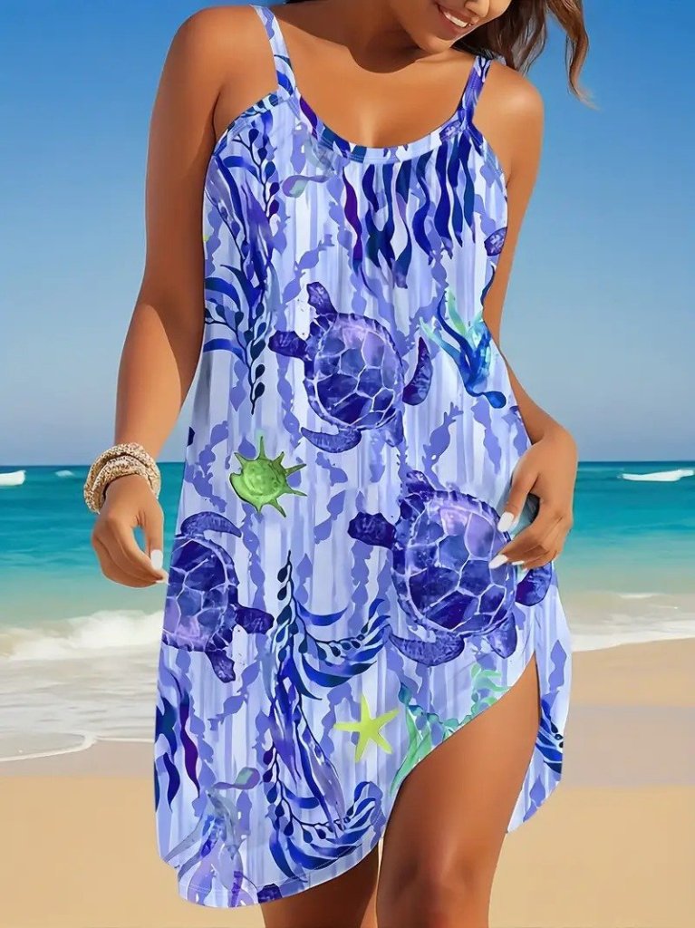 fa46dacb42a1e1f1884d Kadın Askılı Yuvarlak Yaka Kaplumbağa Desenli Süprem Elbise - Görsel 1