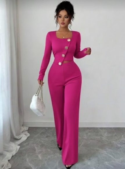 Kadın Uzun Kol Kare Yaka Asimetrik Düğme Detay Bluz Ve Yüksek Bel Pantolon Ikili Takım